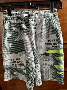 Nike Camo Graphic Drawstring Shorts with Lime Swoosh
